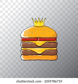 king burger with cheese and golden crown icon isolated on transpararent background. Vector burger, hamburger, cheeseburger label design element. Fast food or burger house logo concept