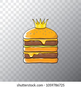 king burger with cheese and golden crown icon isolated on transpararent background. Vector burger, hamburger, cheeseburger label design element. Fast food or burger house logo concept