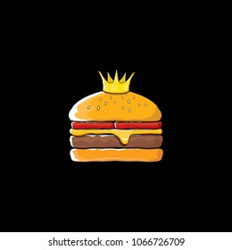 king burger with cheese and golden crown icon isolated on black background. Vector burger, hamburger, cheeseburger label design element. Fast food or burger house logo concept
