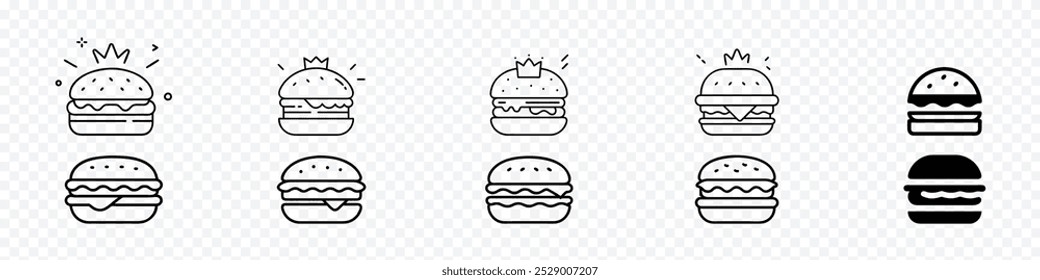  Icono de la hamburguesa del rey, icono de la hamburguesa. Comida rápida. Icono de hamburguesa de queso, conjunto de iconos de vector de hamburguesa de queso, icono de hamburguesa sobre un fondo blanco. Comida rápida