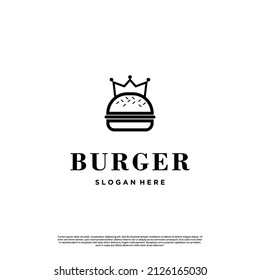 king burger logo design linear concept, hamburger with crown logo template
