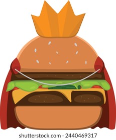 king burger wearing a crown with cloack illustration vector, icon design, good for business food