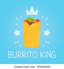 King burrito. vector cartoon flat and doodle fun isolated  illustration. Crown and stars icon. burrito cafe,  meal, delivery, fast food concept design 