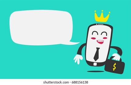 King business smartphone mascot character bring money briefcase and say hello with bubble speech talk in flat funny style