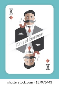 King of Business. Vintage style playing card with a picture of a old school businessman with monocle and smoking pipe Concept for real, successful businessmen.