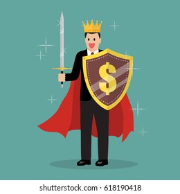 King businessman with shield and sword. Vector Illustration