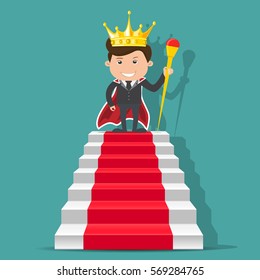 Un hombre de negocios rey de pie en la escalera. - ilustración vectorial