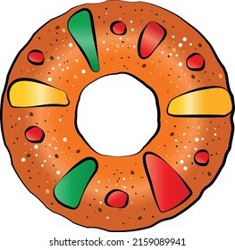 King cake from above colorful vector illustration. Roscon de reyes, rosca reyes, bolo rei.  Christmas cake.