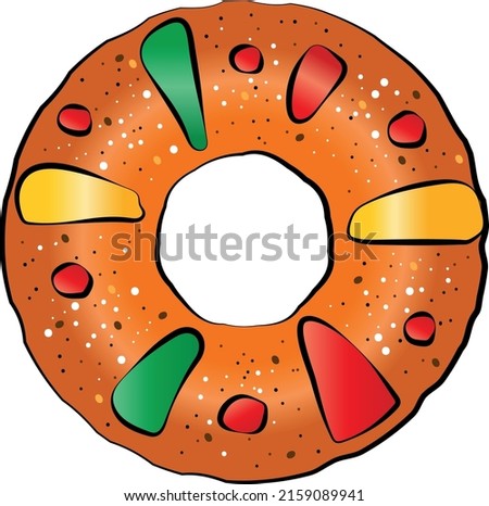 King cake from above colorful vector illustration. Roscon de reyes, rosca reyes, bolo rei.  Christmas cake.