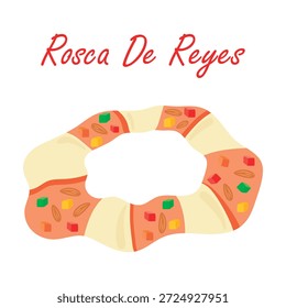 Bolo King com frutas cristalizadas e amêndoas. Ilustração vetorial de uma tradicional pastelaria do Dia dos Reis, Rosca De Reyes. Bolo de Natal.