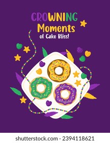 King Cake. Festive baked and sweets. Mardi Gras carnival. Donuts with colorful icing, beaded necklaces, feathers on plate. Holiday Fat Tuesday. Vector illustration in cartoon style