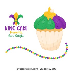 King Cake. Festive sweet cupcake with colorful icing and beads necklaces. Mardi Gras carnival. Vector illustrations in cartoon style.