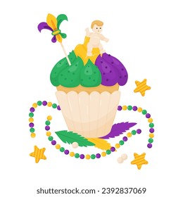 King Cake. Festive sweet cupcake with colorful icing, baby Jesus toy and beads necklaces. Mardi Gras carnival. Vector illustrations in cartoon style