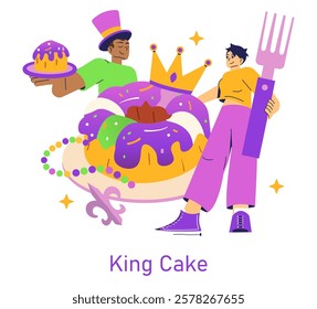 King Cake illustration. A festive celebration of Mardi Gras featuring a colorful King Cake surrounded by joyful characters. With a crown symbolizing festivities, this art captures the spirit of