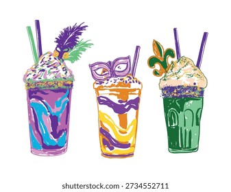 King Cake inspirierte Mardi Gras Cocktaildessertgetränke mit Schlagsahne, Sprinkles, Masken, Federn und festlichen Belägen. Bunte violette, grüne und goldene Partygetränke für Karnevalsfeiern.