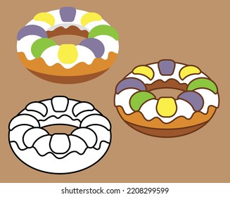 King Cake Mardi Gras Carnival Colorful Vector Icon. Typical Mardi Gras Cake