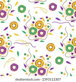 King Cake seamless pattern. Festive donuts on plate with colorful icing, beads, necklaces and feathers on white background. Mardi Gras carnival food. Vector illustration in cartoon style