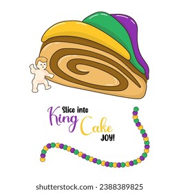 King cake slice covered with colorful glaze and baby toy. Celebrate festive and delicious Mardi Gras carnival. Vector illustration.