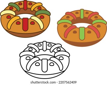 Pastel de rey, pastel de Navidad tradicional. Iconos de ilustración vectorial para la torta de tres reyes. Bolo rei en portugués, rosca de reyes en español. Conjunto de iconos con contornos y líneas en blanco y negro.