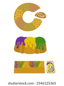 King Cake tradicional Mardi Gras pastelaria, conjunto de rolos doces para menu ou cartaz vetor ilustração design