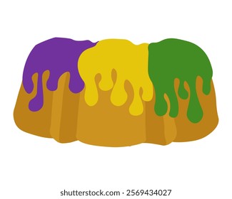 King Cake traditional Mardi Gras pastry, side view bundt cupcake with tri-colored cream on top for menu or poster vector illustration design