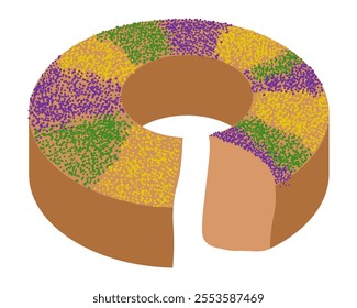 King Cake traditional pastry for Mardi Gras, sliced ​​round cake with three-color sprinkles on top for menu or poster design vector illustration