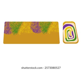 King Cake traditional pastry for Mardi Gras, side view roll with three-color sprinkles on top for menu or poster design vector illustration