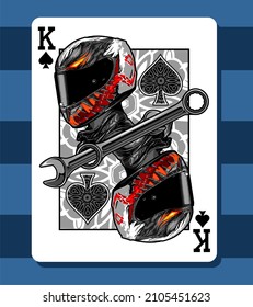 a king card with a biker theme, t-shirt design, biker, motorcycle club, patch, naked bike, cool helmet, arai, shoei, ls2, agv, shovelhead engine, panhead, knucklehead, supermoto, vector templates