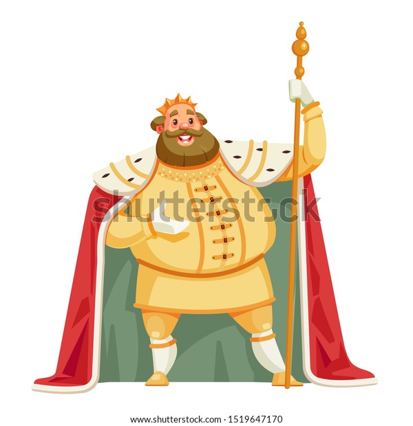 白い背景にキングのカートーンベクターイラスト 王冠と外套を着た立派な聖王 ストッキーで太った白い肌 優しくて幸せな王様 のベクター画像素材 ロイヤリティフリー