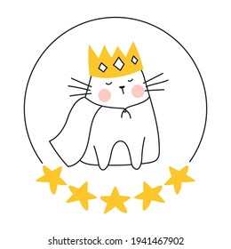 King cat with a crow and stars around. Premium service tariff plan, best service, high quality, and rating. Flat thin line vector illustration.
