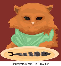 El gato rey, sentado frente a un delicioso pez.