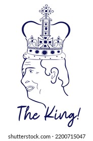 The King celebration banner with side profile of King in crown. Ideal design for banners, flayers, social media, stickers, greeting cards.