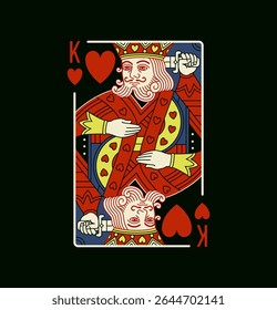 King character, Hearts suit playing card in vintage Black design, editable stroke line, vector colorful isolated illustration.