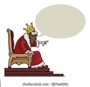 King character, pointing, with speech bubble, vector illustration