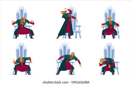 King character set. Tall, wise, handsome, elegant, sophisticated king. Emperor expressions, smile or sad, crying and happy. Cartoon Flat style vector illustration isolated on white background.