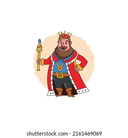 King character vector illustration wearing a crown, with golden scepter isolated in white background. Good, merry king wearing crown and mantle. Stocky and fat, kind and happy king.