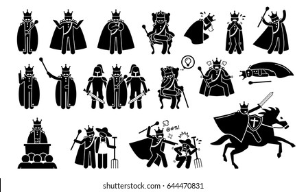 King Characters in Pictogram Set. Artworks depicts a medieval king in different poses, emotions, feelings, and actions. The emperor is wearing a crown or throne and is a great ruler. 