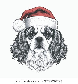 King Charles Cavalier Spaniel Santa Hat Vector Illustration Tshirt Design Logo Icon Christmas Greeting Card