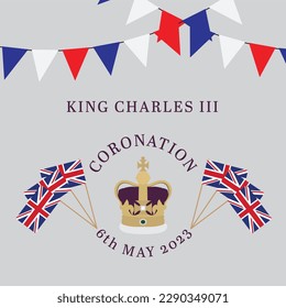 King Charles III Coronation vector illustration with crown and bunting