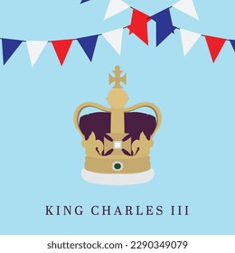 King Charles III vector illustration with bunting and crown