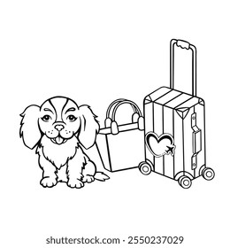 king charles spaniel dog with suitcases coloring page travel line, hand drawn vector illustration