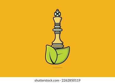 King Chess with Green Leaves vector illustration. Sport board game object icon concept. Green leaf and chess icon logo.