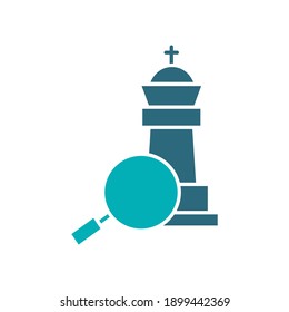King chess piece with magnifying glass colored icon. Board game, table entertainment symbol