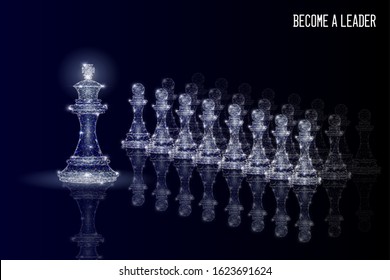 King chess piece standing in front of chess pawns line, vector low poly wireframe mesh. Leadership and strategy concept for poster, banner etc, polygonal art style illustration.