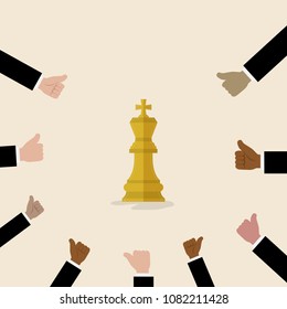 King of chess symbol with with many thumbs up hands on background.Business and marketing strategy. Success and Achievement concept.Cartoon character.Business vector concept illustration
