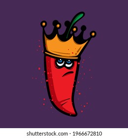 King chilli mascot character. Red chilli with majestic goelden crown. Seasoning, spicy, hot spices vector illustration