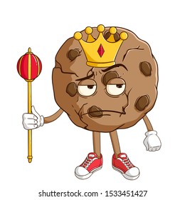 King of chocolate chip cookie cartoon character holding the king stick with funny thinking expression