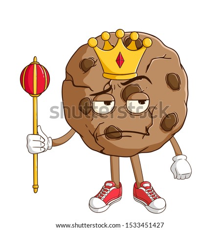 King of chocolate chip cookie cartoon character holding the king stick with funny thinking expression