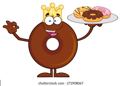 King Chocolate Donut Cartoon Character Serving Donuts. Vector Illustration Isolated On White