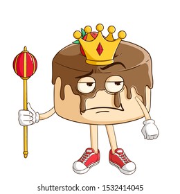 King of chocolate pudding cartoon character holding the king stick with funny thinking expression